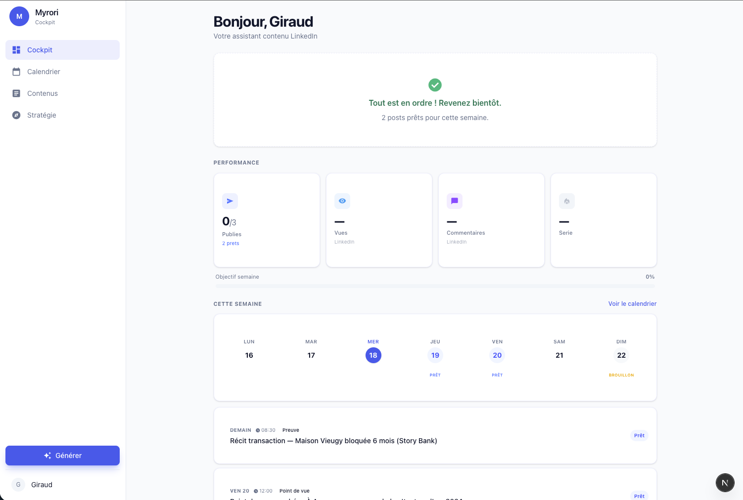 Capture d'écran Myrori — Cockpit