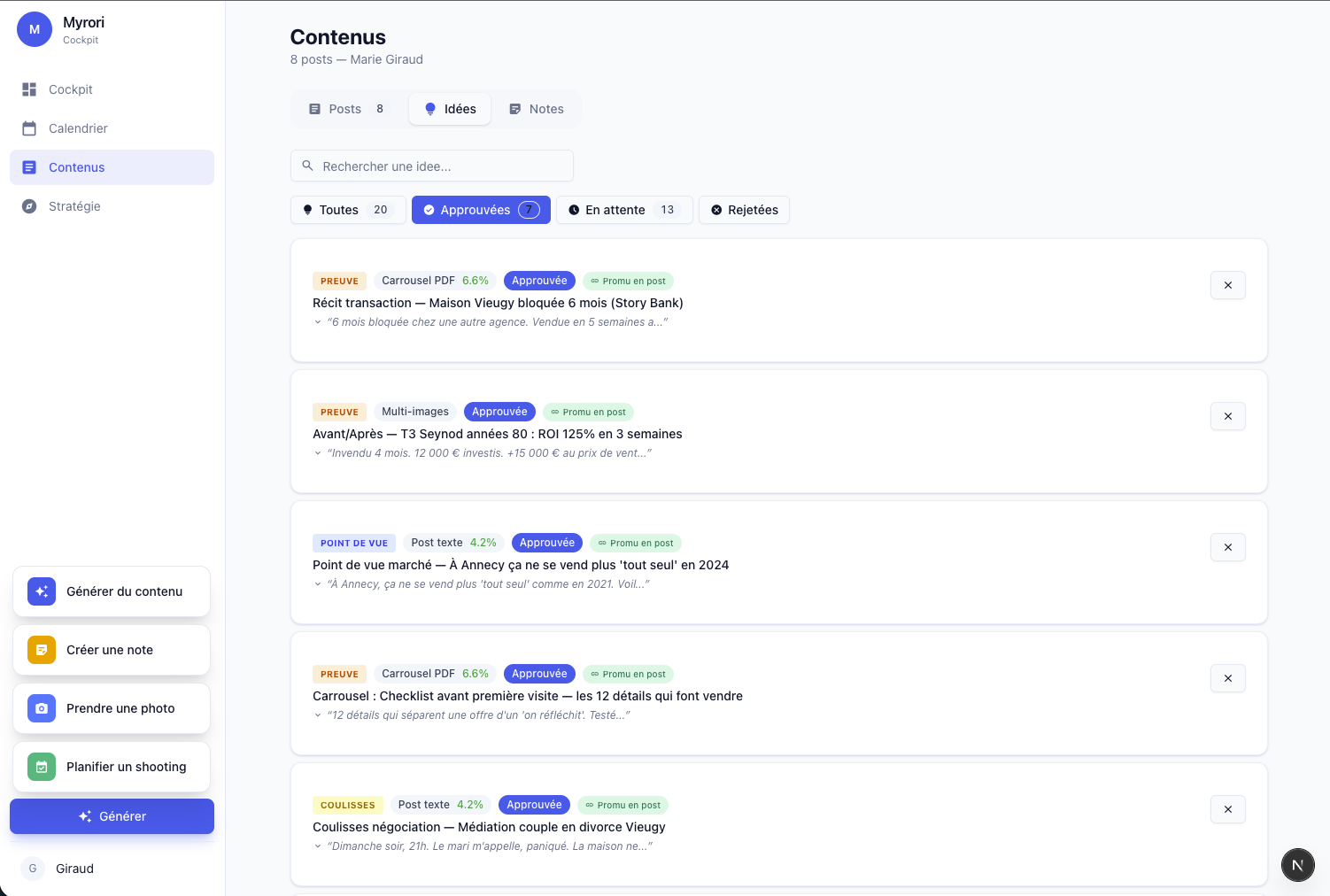 Capture d'écran Myrori — Contenus